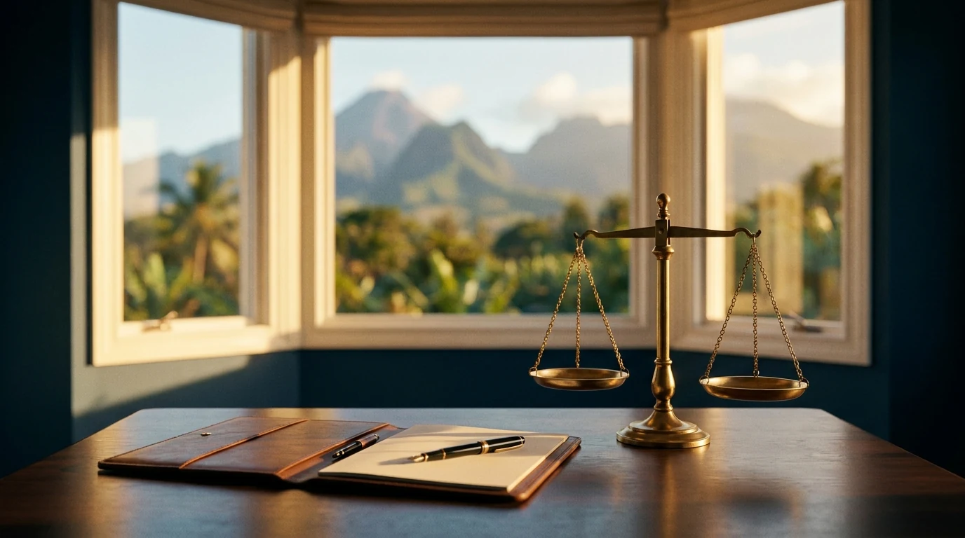 Mise en scène éditoriale symbolisant l'analyse impartiale du dispositif CIOP en DOM-TOM avec balance de justice et dossier, sur fond de paysage réunionnais.