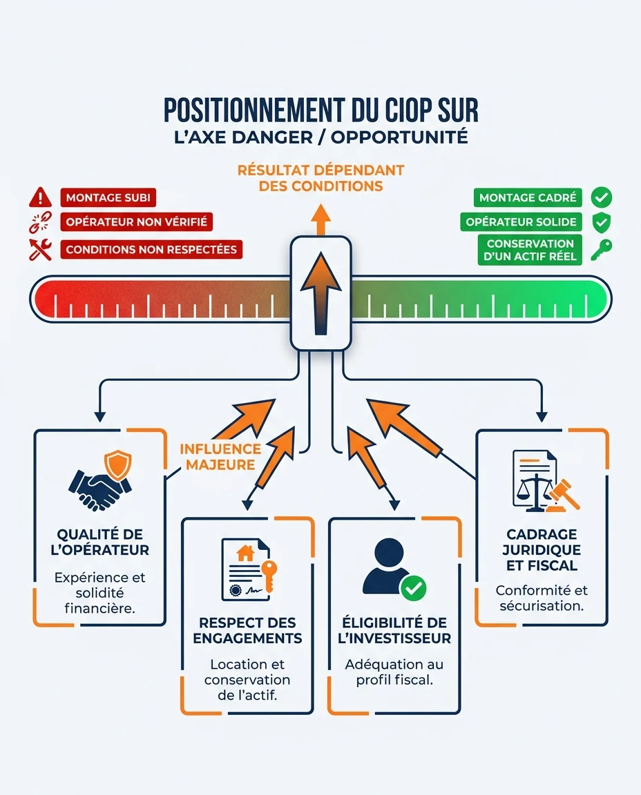 Infographie illustrant : Schéma pédagogique en français, sans chiffres précis, illustrant le positionnement du CIOP sur un axe danger / opportuni. Article Mouve