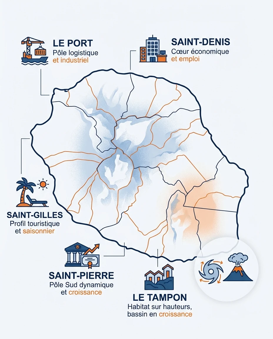 Infographie illustrant : Carte stylisée et pédagogique de l'île de La Réunion en français, sans chiffres, positionnant cinq communes clés avec un. Article Mouve