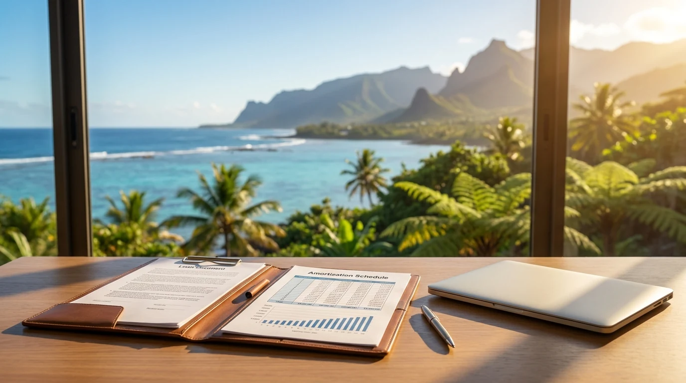 Dossier de crédit immobilier DOM-TOM ouvert sur un bureau, avec en arrière-plan le littoral volcanique de La Réunion — illustration d'un financement Outre-Mer b