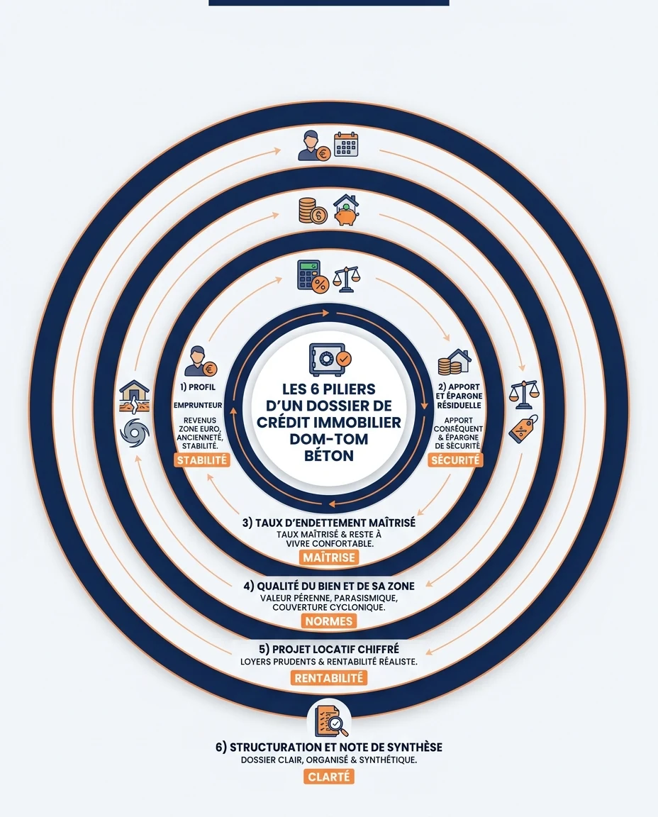 Infographie illustrant : Les 6 piliers d'un dossier de crédit immobilier DOM-TOM béton. Visuel pédagogique en cercles concentriques ou en pyramid. Article Mouve