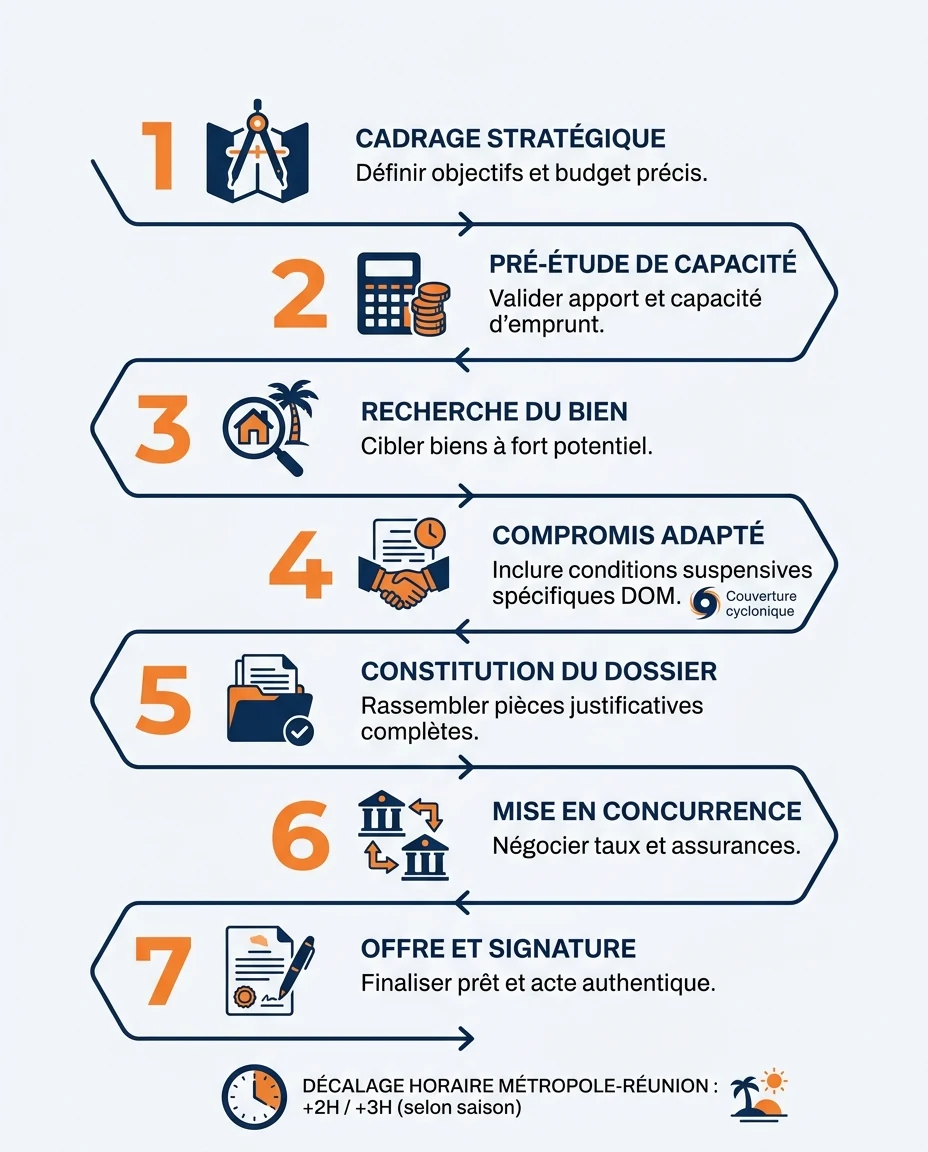 Infographie illustrant : Feuille de route du montage d'un dossier de crédit immobilier DOM-TOM en 7 étapes, adaptée à un investissement depuis la. Article Mouve