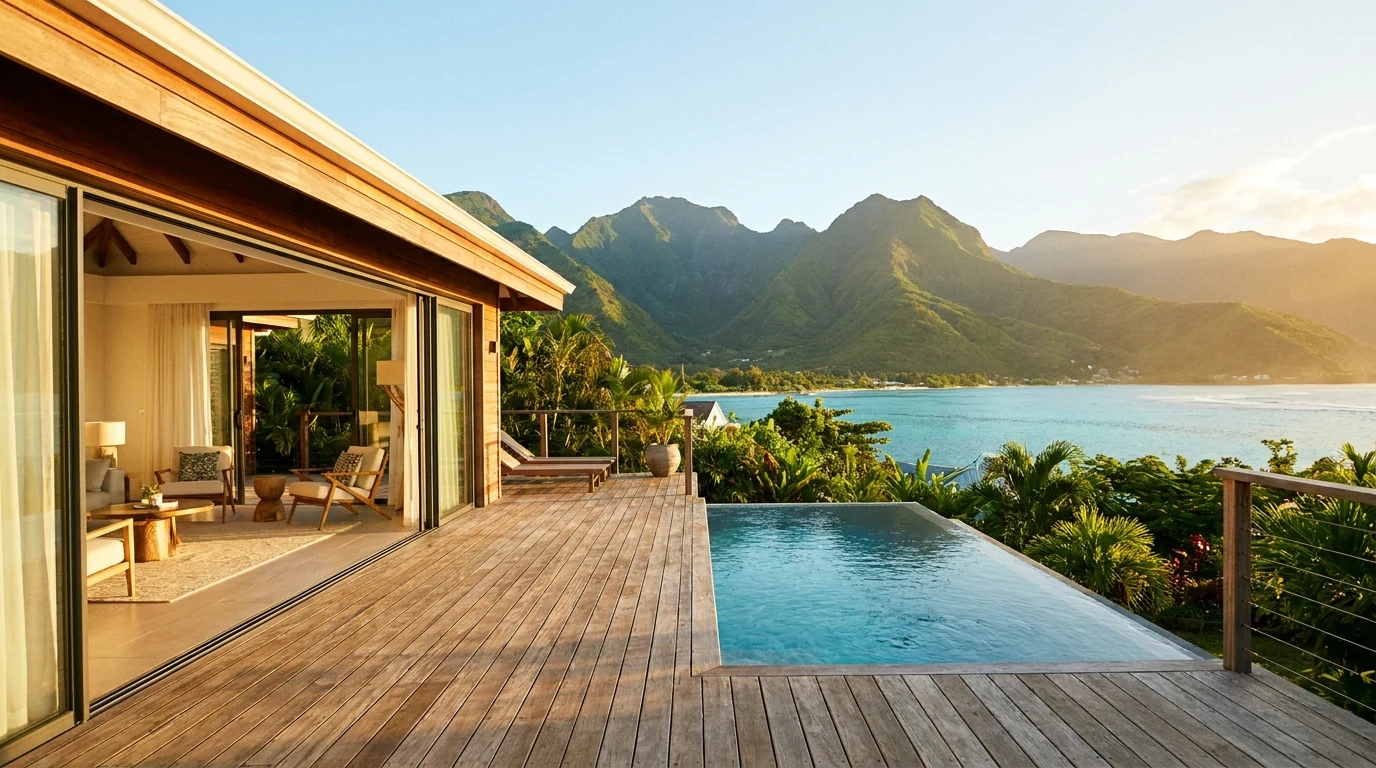 Villa créole avec terrasse, piscine et vue sur le lagon de Saint-Gilles à La Réunion, illustrant une annonce Airbnb saisonnière qui convertit.
