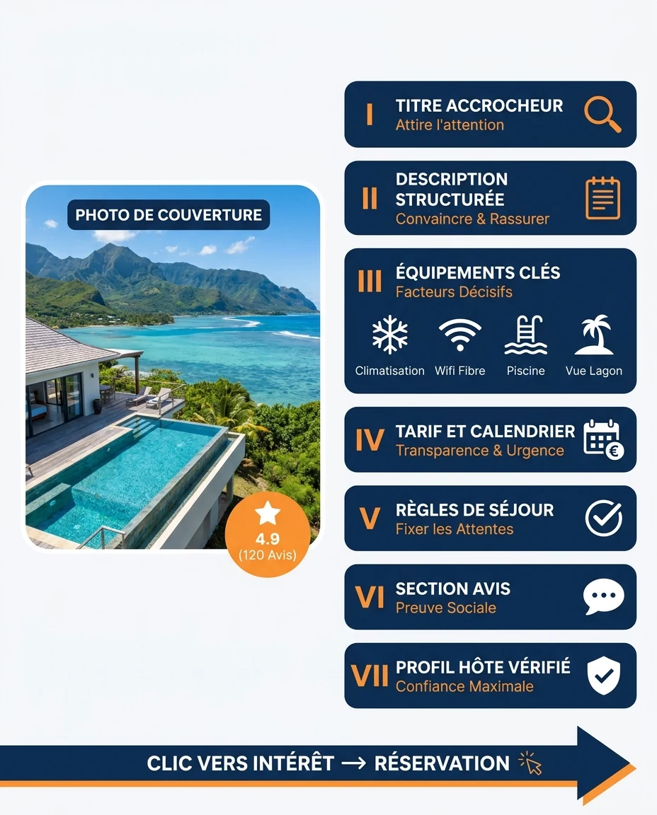Infographie illustrant : Schéma éditorial d'anatomie d'une annonce Airbnb réunionnaise qui convertit, présenté comme une maquette de fiche annonc. Article Mouve