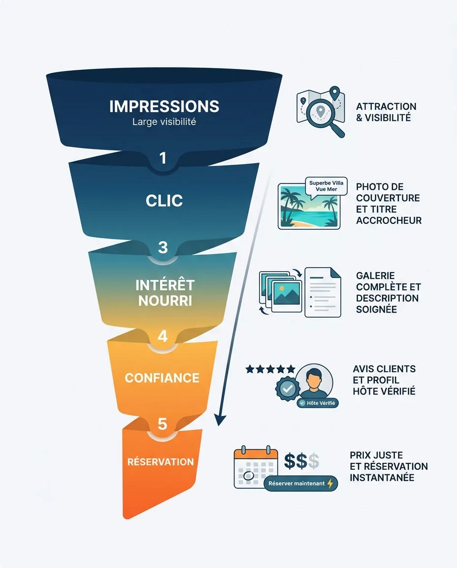Infographie illustrant : Entonnoir de conversion vertical d'une annonce Airbnb à La Réunion, du haut vers le bas, en cinq paliers rétrécissants. . Article Mouve