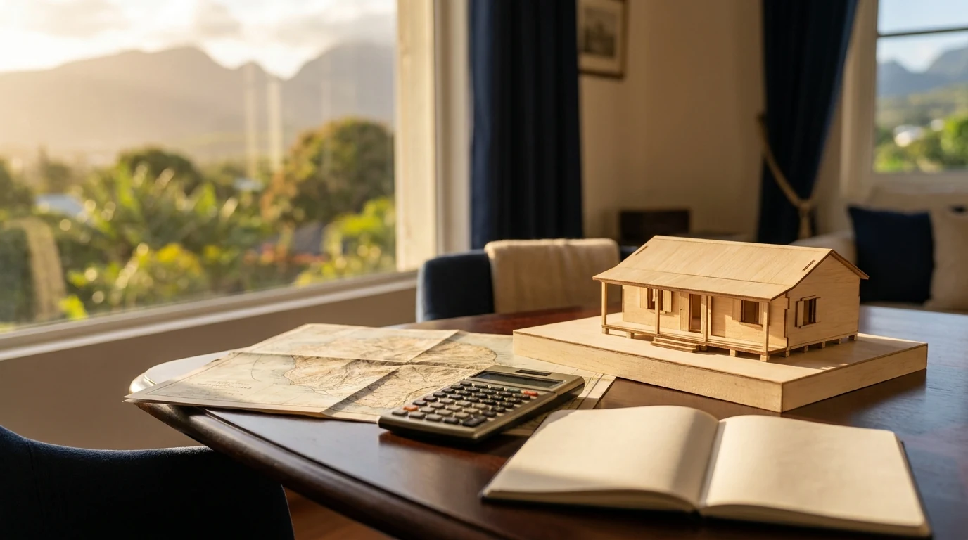 Maquette d'immeuble, plan de quartier et outils d'analyse financière symbolisant un investissement immobilier DOM-TOM piloté par les fondamentaux plutôt que par