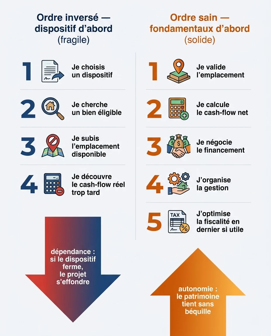 Infographie illustrant : Schéma comparatif de deux ordres de décision en français, sans aucun chiffre. Deux colonnes. Colonne gauche 'Ordre inver. Article Mouve