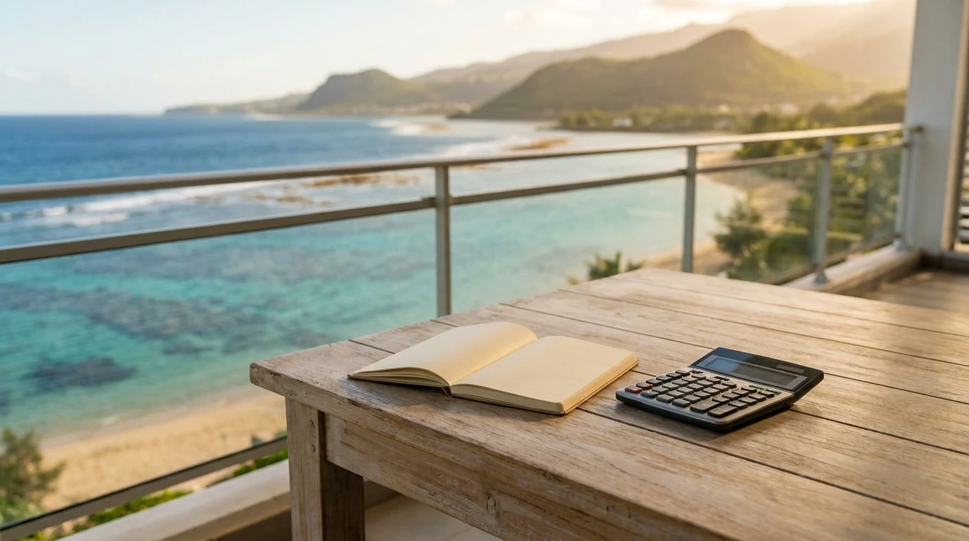 Balcon surplombant le lagon de Saint-Gilles à La Réunion avec carnet et calculatrice, évoquant l'audit d'un investissement Pinel