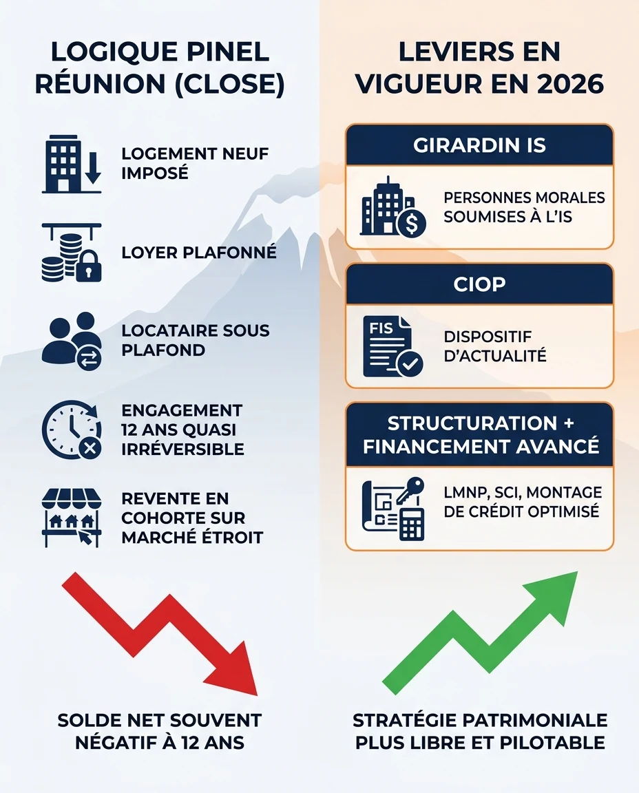 Infographie illustrant : Schéma comparatif en deux colonnes en français, sans aucun chiffre précis. Colonne gauche 'Logique Pinel Réunion (close). Article Mouve