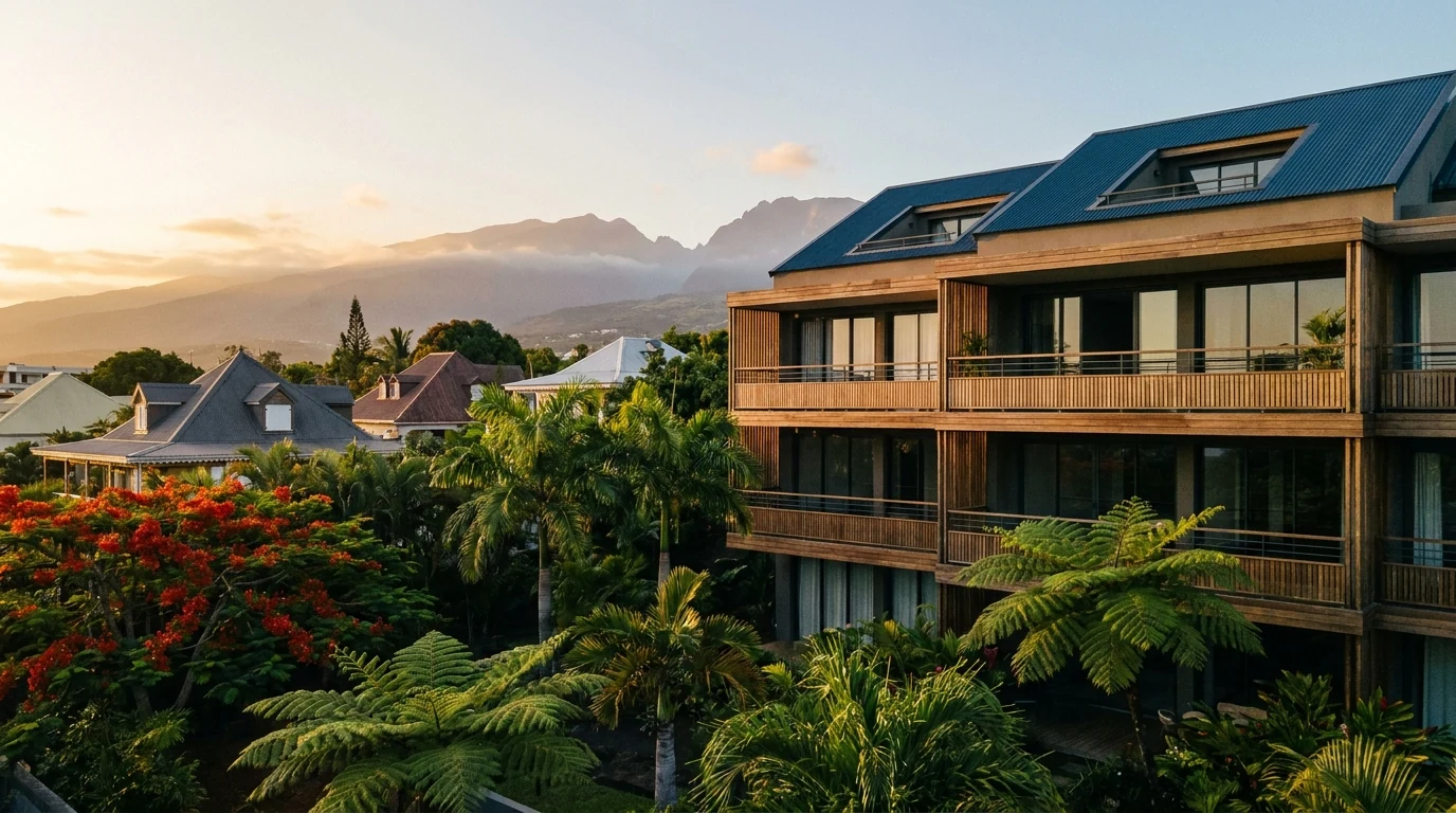 Résidence immobilière moderne à La Réunion entourée de végétation tropicale avec relief volcanique en arrière-plan — illustration d'un investissement financé à