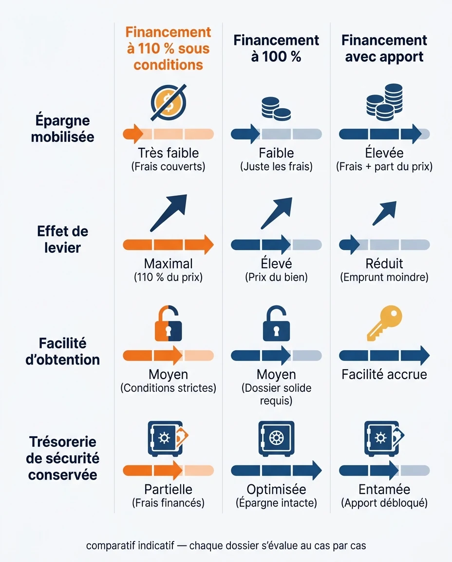 Infographie illustrant : Comparatif visuel des trois montages de financement immobilier à La Réunion. Grille à trois colonnes (Financement à 110 . Article Mouve