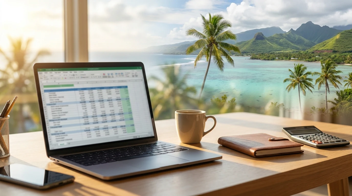 Bureau d'un entrepreneur indépendant avec documents comptables et, en arrière-plan, le littoral de La Réunion — financement immobilier DOM-TOM sans CDI.