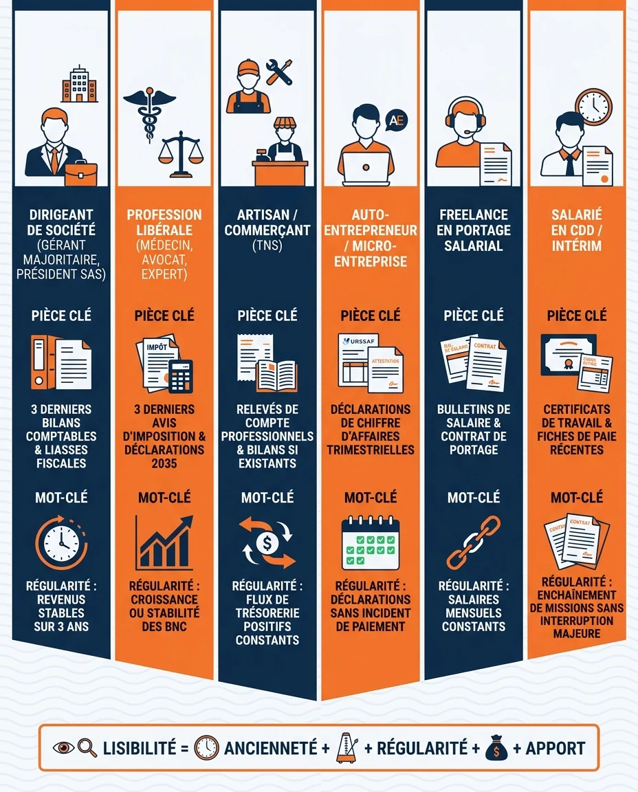Infographie illustrant : Panorama des profils sans CDI et de leur lisibilité pour une banque DOM-TOM. Visuel pédagogique en éventail ou en colonn. Article Mouve