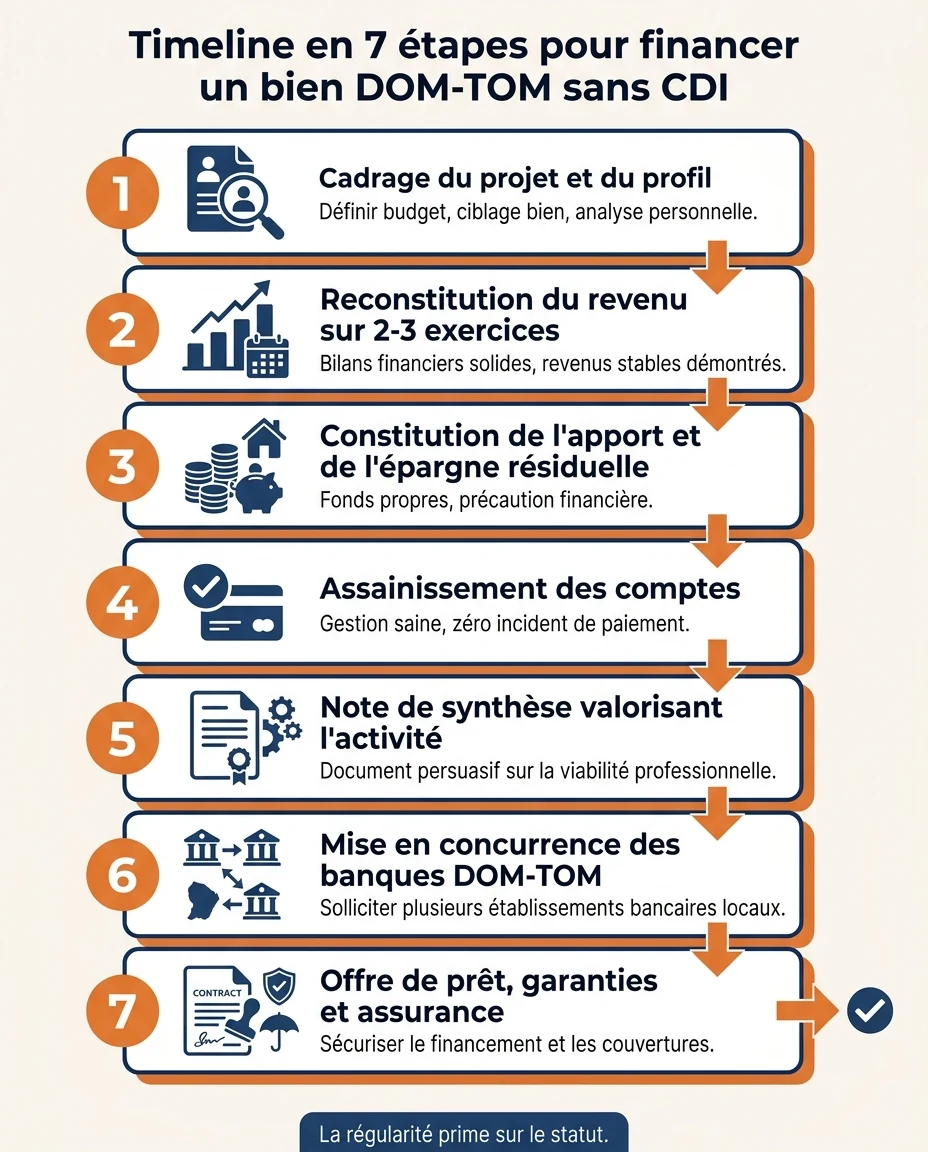 Infographie illustrant : Timeline en 7 étapes pour financer un bien DOM-TOM sans CDI. Visuel horizontal en flèche progressive, chaque étape numér. Article Mouve