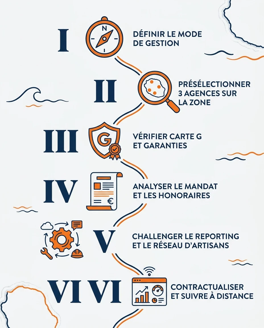 Infographie illustrant : Schéma vertical éditorial Choisir son gestionnaire à La Réunion en 6 étapes, du haut vers le bas. Six paliers numérotés . Article Mouve