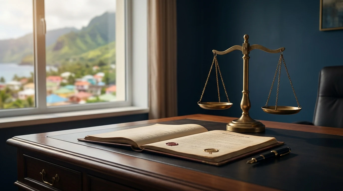 Balance et dossier de crédit immobilier sur un bureau avec en arrière-plan un paysage volcanique de La Réunion — arbitrage entre hypothèque et caution bancaire