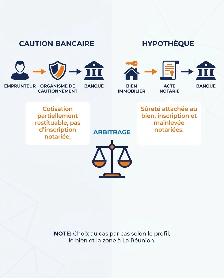 Infographie illustrant : Schéma pédagogique comparant les deux mécaniques de garantie d'un crédit immobilier. À gauche, la CAUTION : une flèche r. Article Mouve
