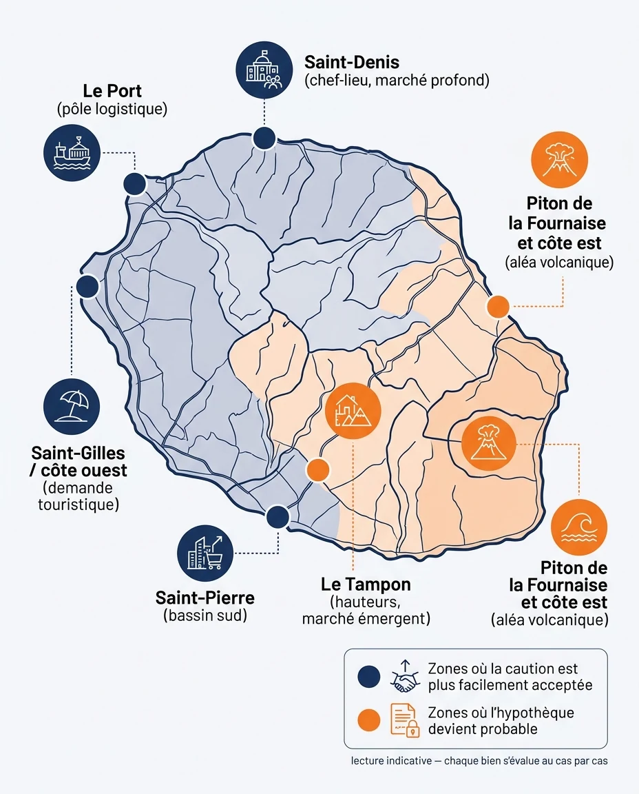 Infographie illustrant : Carte stylisée de La Réunion illustrant l'impact de la géographie sur la garantie bancaire. Contour de l'île avec quelqu. Article Mouve