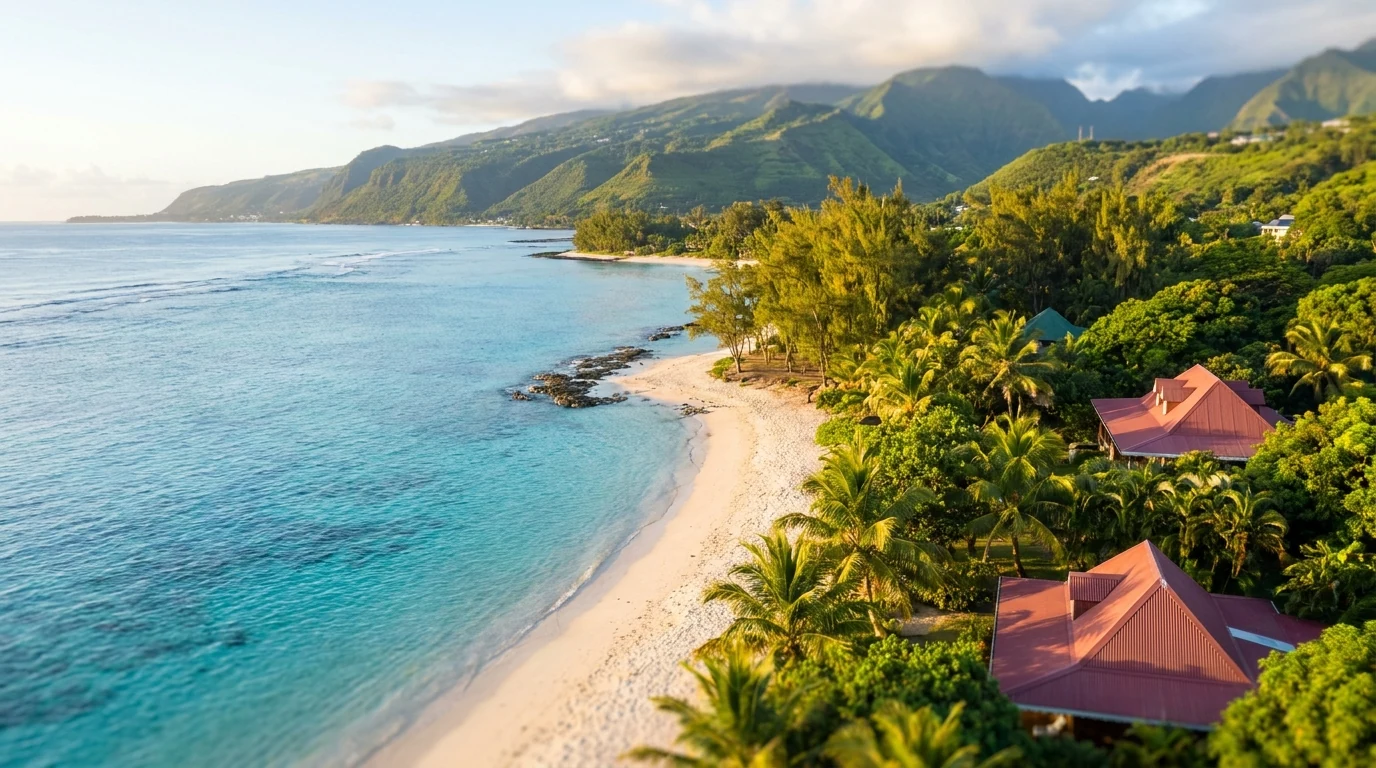 Vue panoramique de la côte ouest de La Réunion au lever du soleil avec relief volcanique en arrière-plan — illustration d'un investissement immobilier piloté de