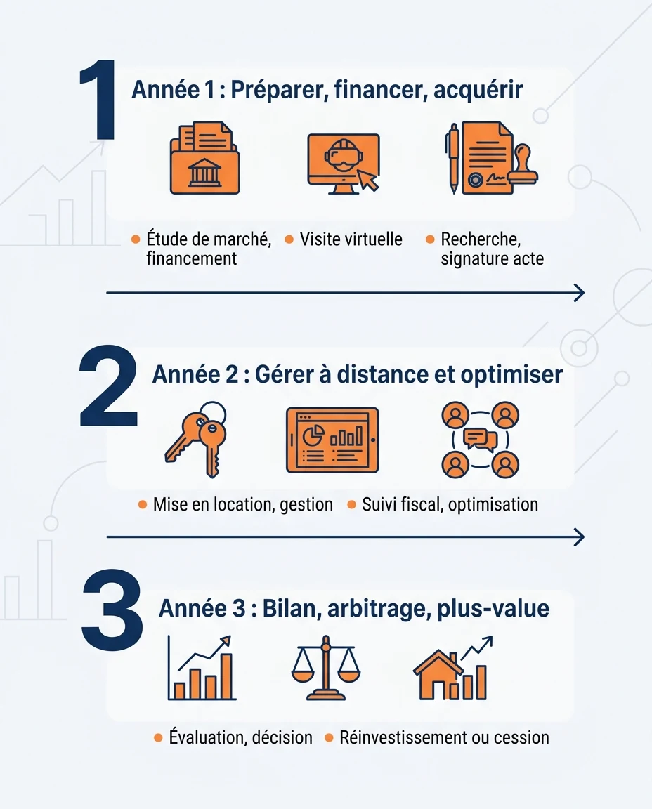 Infographie illustrant : Frise chronologique horizontale sur trois ans pour un investissement immobilier à La Réunion depuis la métropole. Trois . Article Mouve