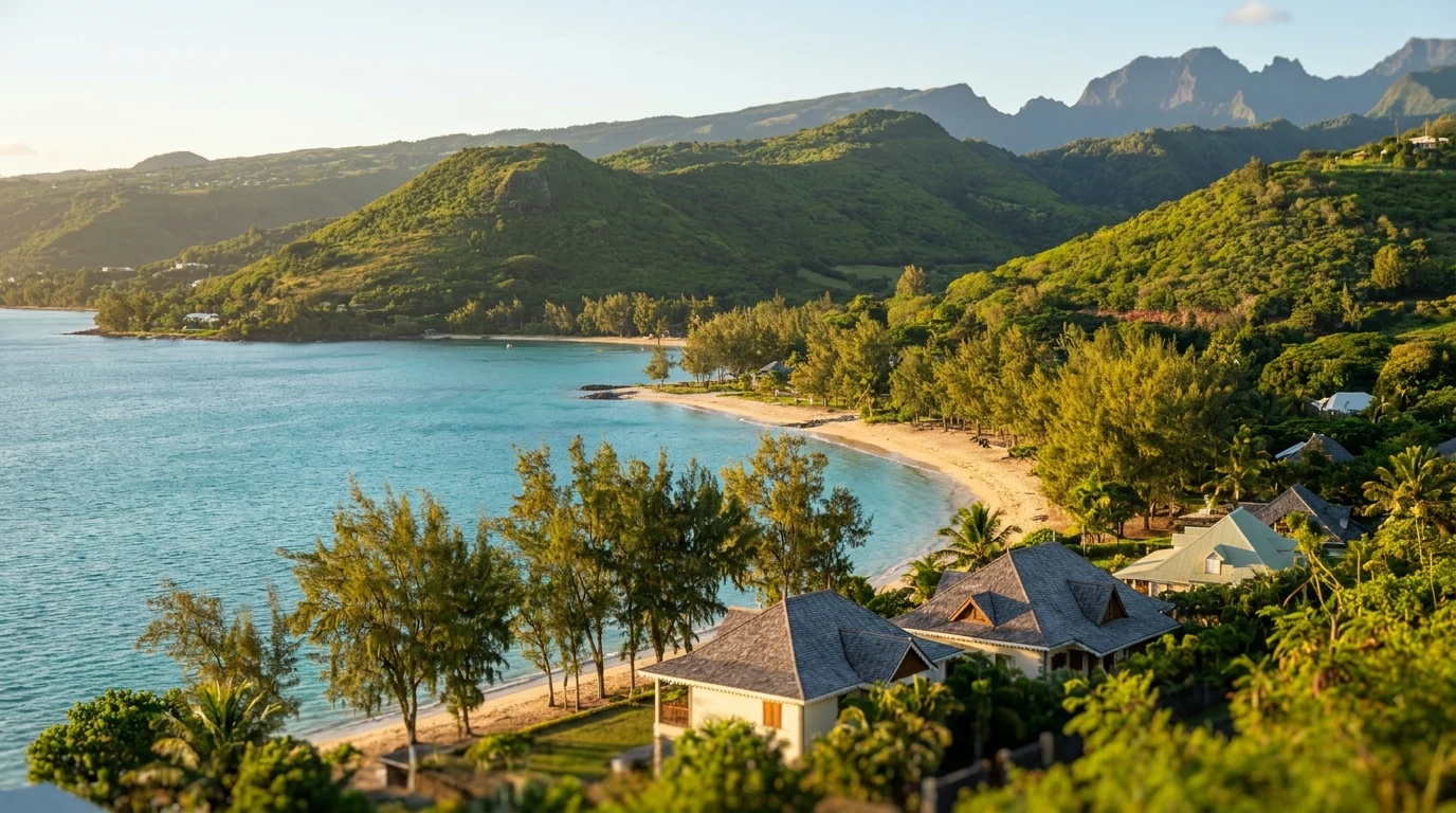 Vue de la côte ouest de La Réunion et de son lagon au coucher du soleil — illustration de l'investissement immobilier réunionnais en 2026.