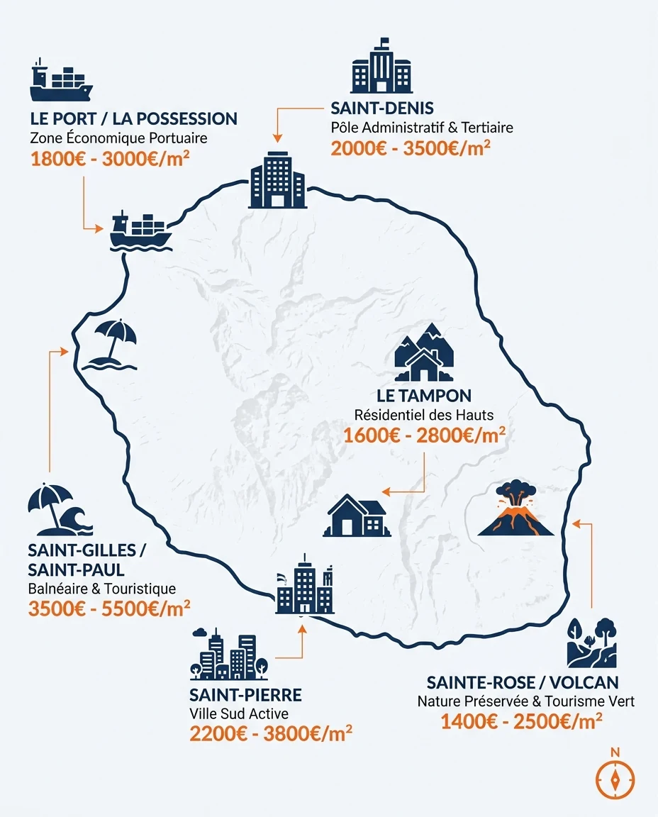 Infographie illustrant : Carte schématique stylisée de l'île de La Réunion avec cinq à six zones clés positionnées (Saint-Denis au nord, Saint-Gi. Article Mouve