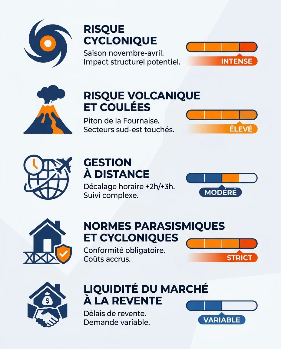 Infographie illustrant : Visuel pédagogique présentant cinq risques spécifiques à surveiller pour un investissement immobilier à La Réunion : ris. Article Mouve
