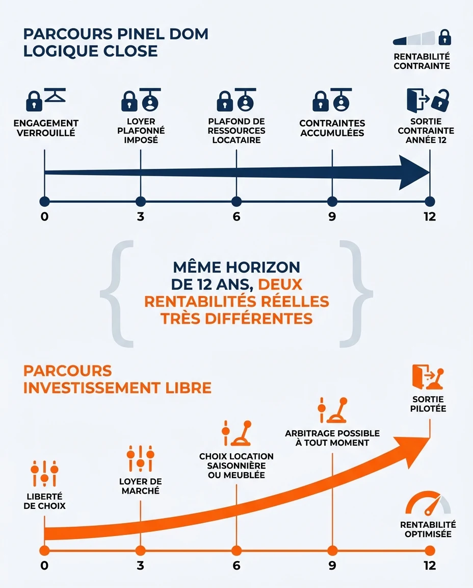 Infographie illustrant : Schéma pédagogique en français comparant deux trajectoires d'investissement sur 12 ans, sans aucun chiffre précis. Deux . Article Mouve