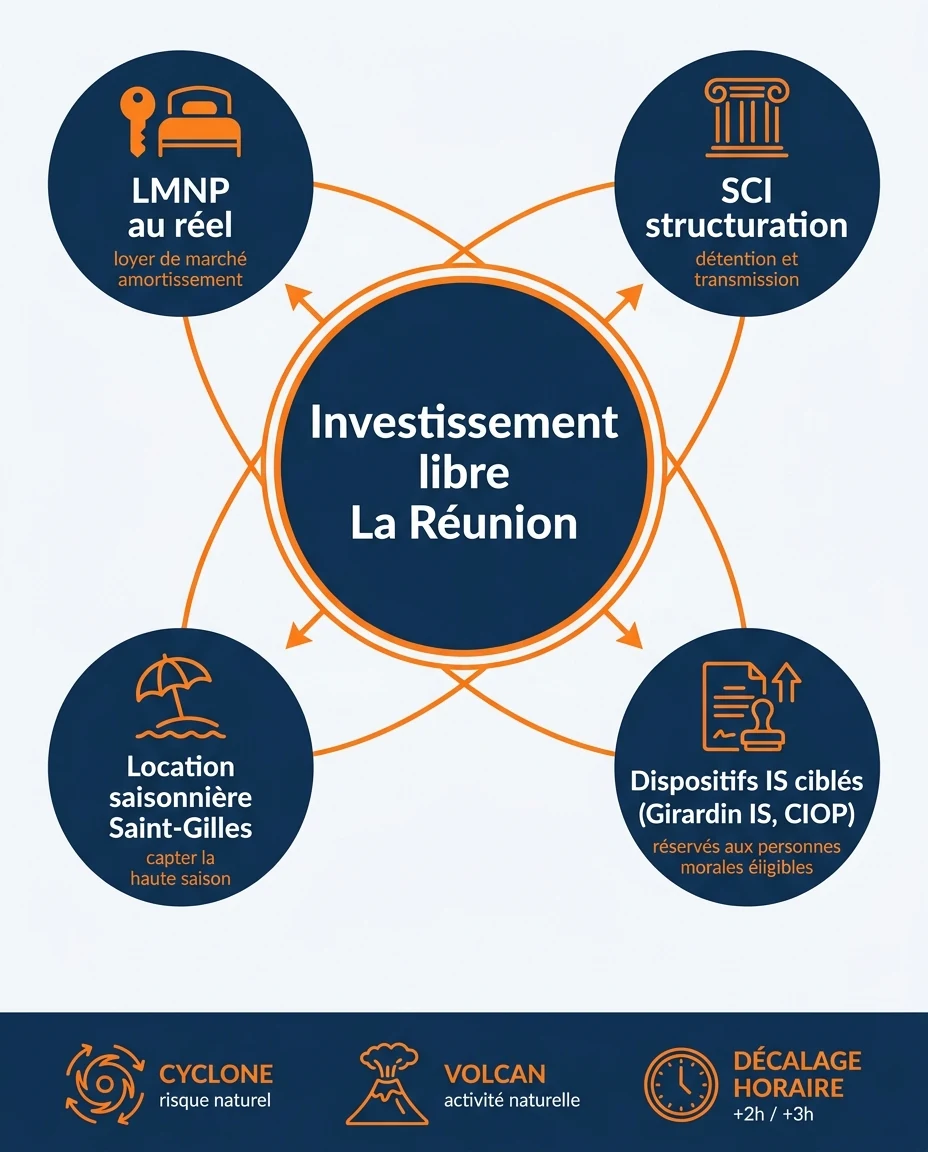 Infographie illustrant : Schéma pédagogique en français illustrant sans chiffres précis les leviers de l'investissement libre à La Réunion organi. Article Mouve
