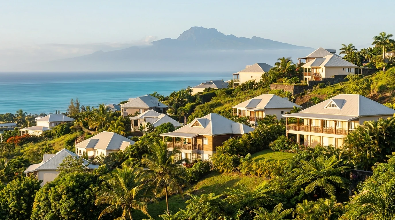 Quartier résidentiel de La Réunion au lever du soleil illustrant l'investissement immobilier libre en DOM-TOM