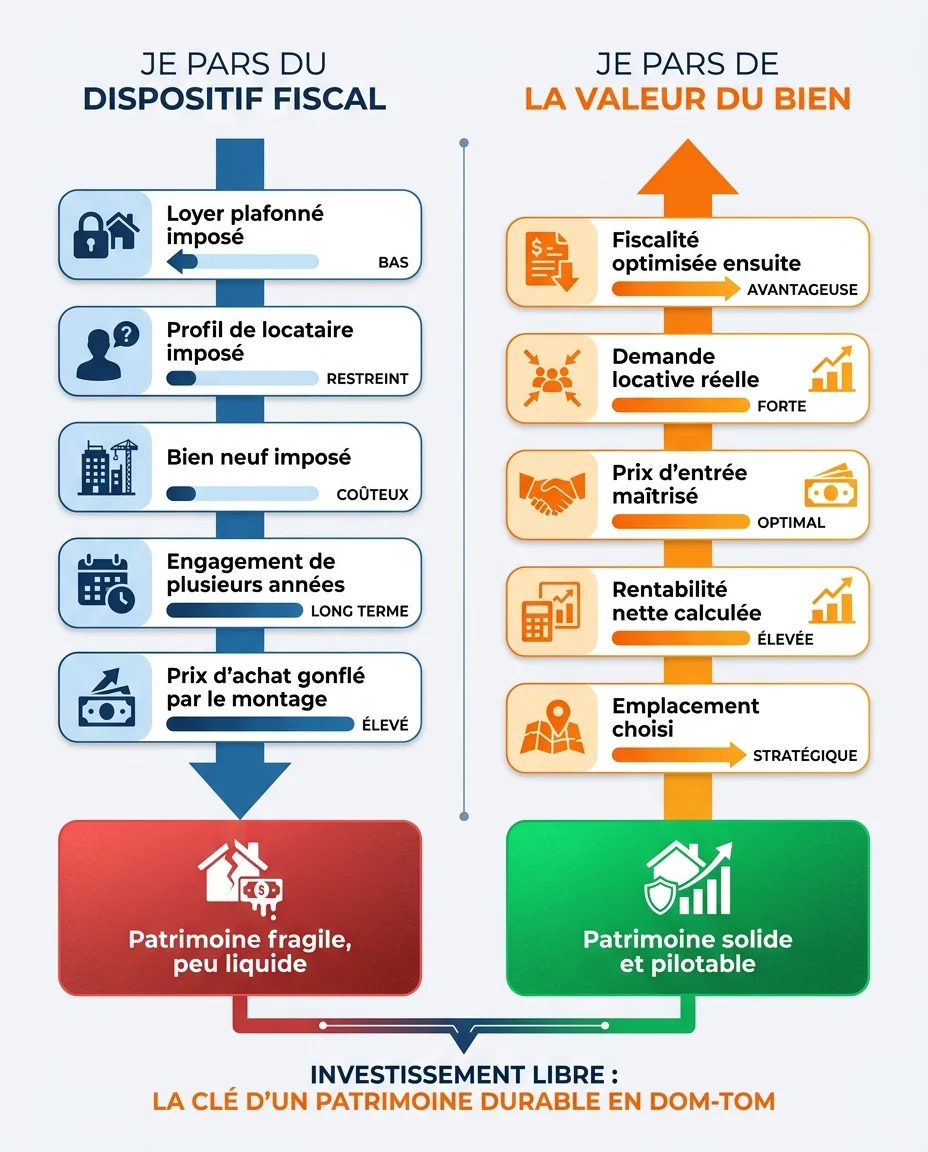 Infographie illustrant : Schéma pédagogique en français comparant deux points de départ de décision d'investissement, sans aucun chiffre précis. . Article Mouve