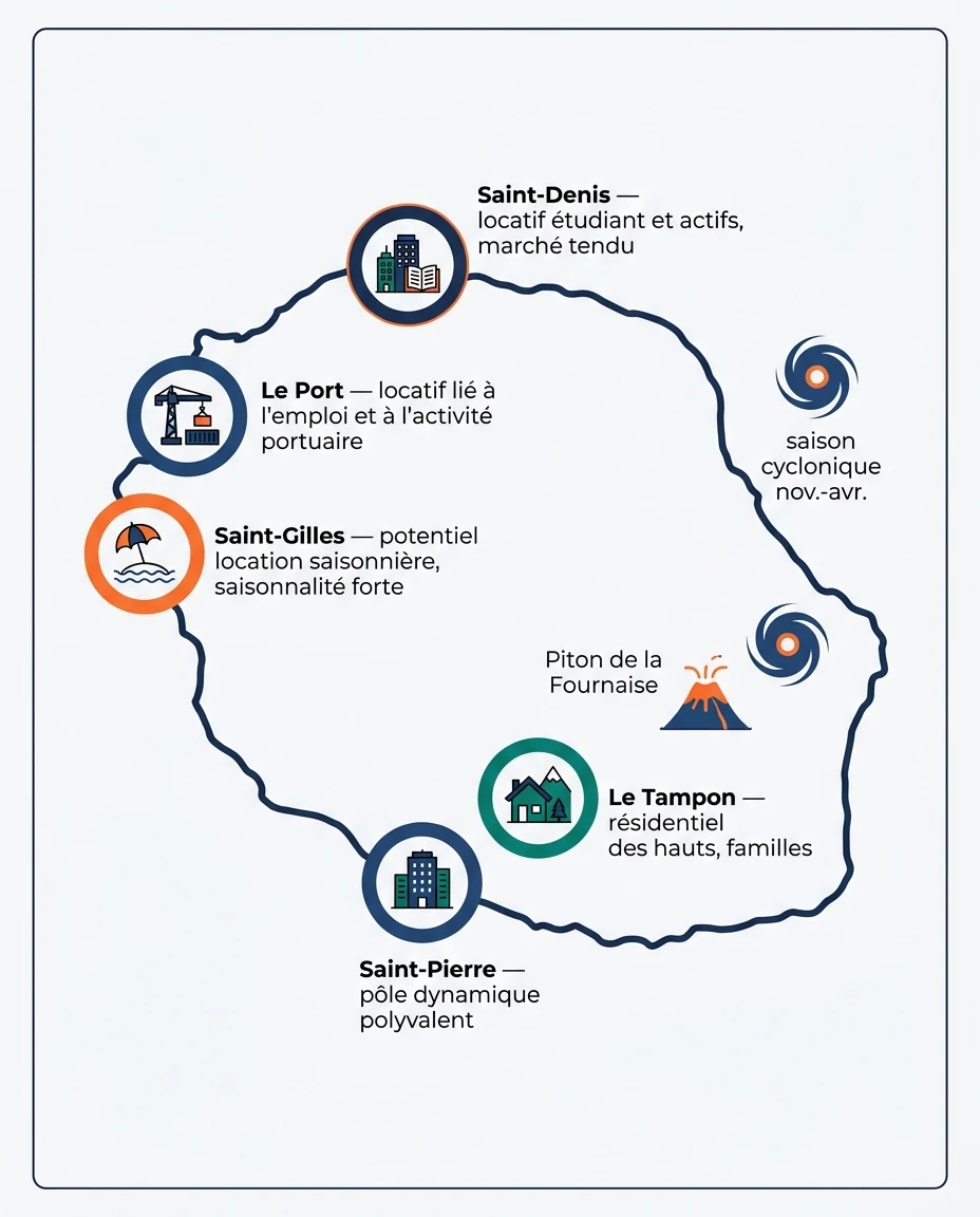Infographie illustrant : Schéma cartographique stylisé de l'île de La Réunion en français, sans aucun chiffre. Silhouette simplifiée de l'île ave. Article Mouve