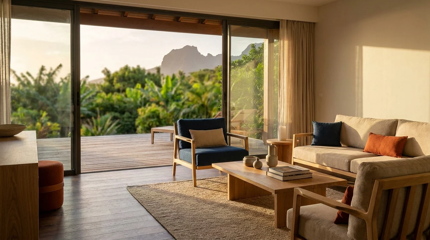 Intérieur d'un logement meublé premium en Outre-Mer ouvert sur un paysage tropical réunionnais, illustrant l'investissement locatif meublé LMNP en DOM-TOM.