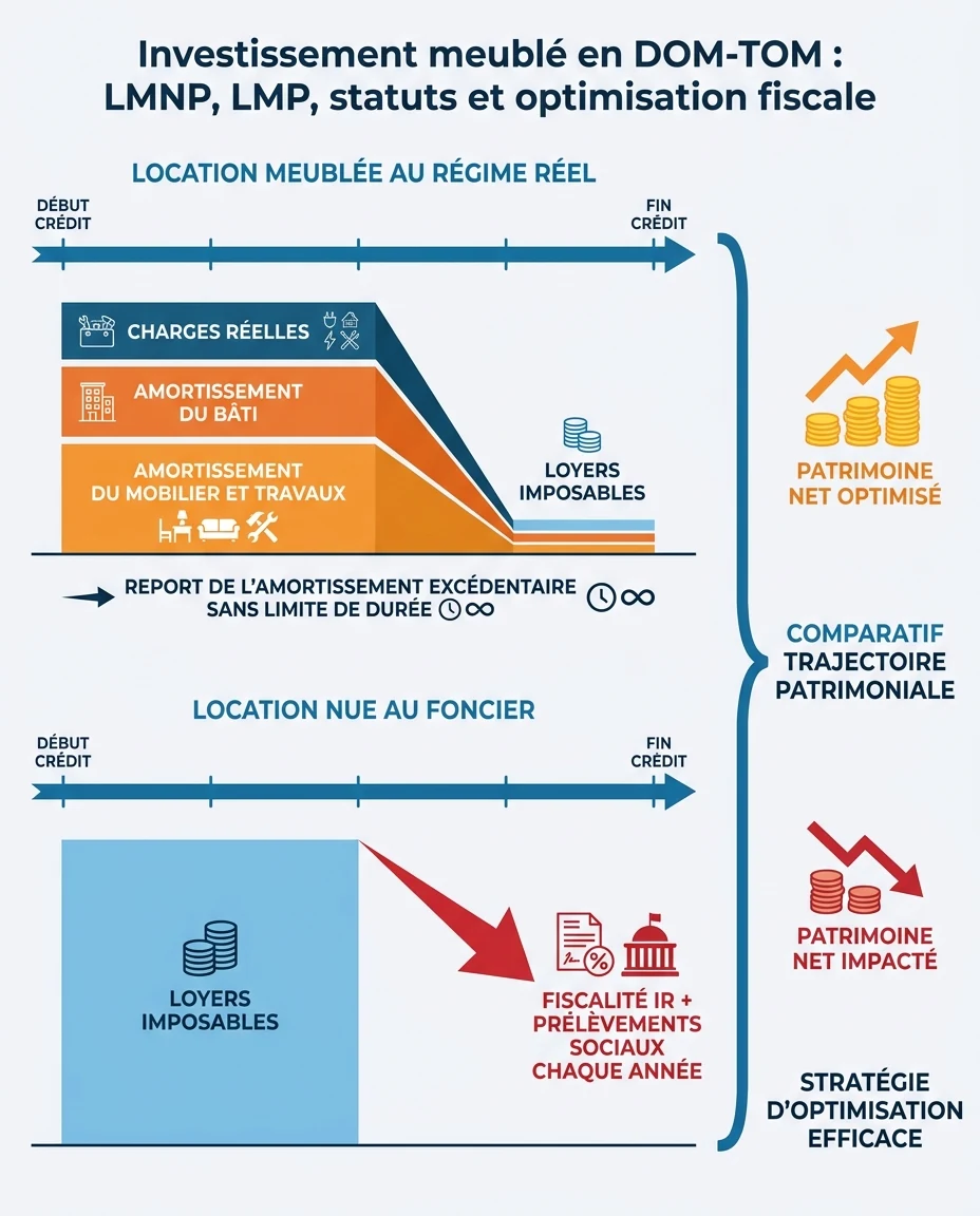 Infographie illustrant : Schéma pédagogique en français en deux volets, sans chiffre d'économie précis. Volet supérieur 'Location meublée au régi. Article Mouve