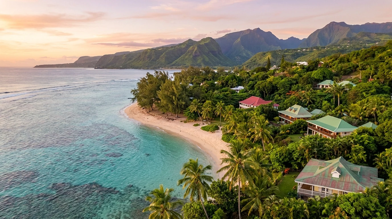 Littoral ouest de La Réunion avec lagon turquoise, plage et villas créoles au coucher du soleil — cadre de la location saisonnière pour investisseurs à Saint-Gi