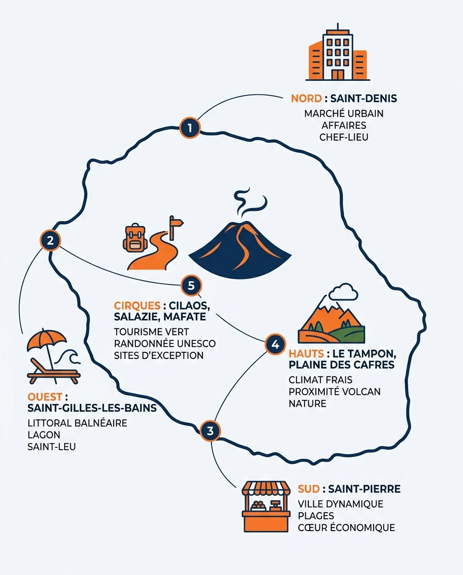 Infographie illustrant : Carte stylisée éditoriale de l'île de La Réunion vue du dessus, nord en haut, sur fond ivoire clair. Cinq pôles repérés . Article Mouve