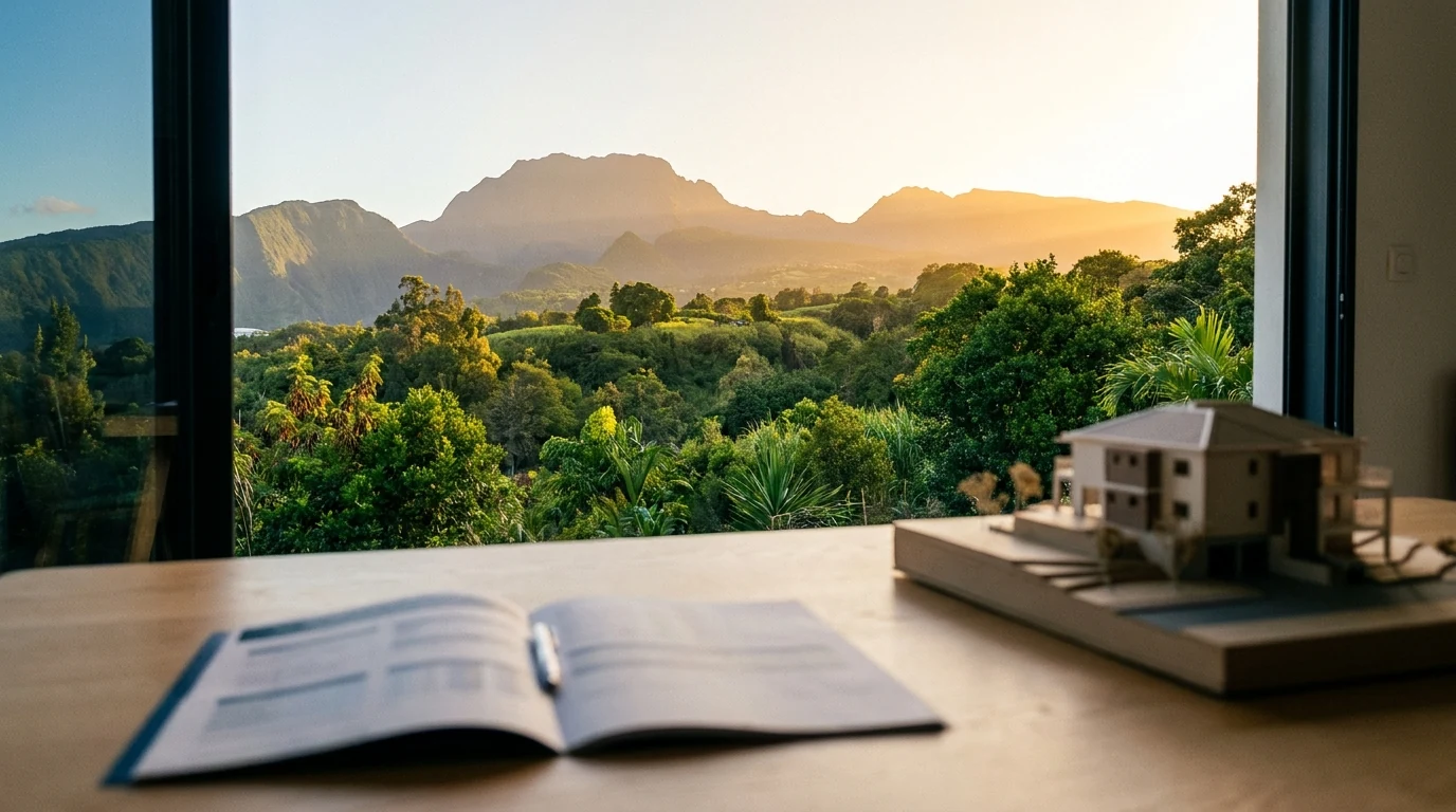 Intérieur contemporain ouvert sur un paysage volcanique réunionnais, avec dossier d'investissement immobilier et maquette d'immeuble illustrant l'arbitrage patr