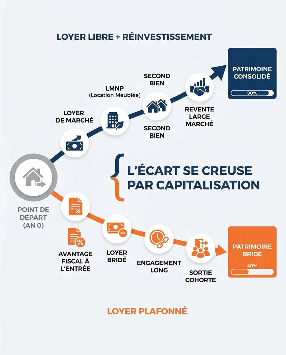 Infographie illustrant : Schéma comparatif en français illustrant deux trajectoires patrimoniales sur 20 ans, sans chiffre précis. Deux chemins p. Article Mouve