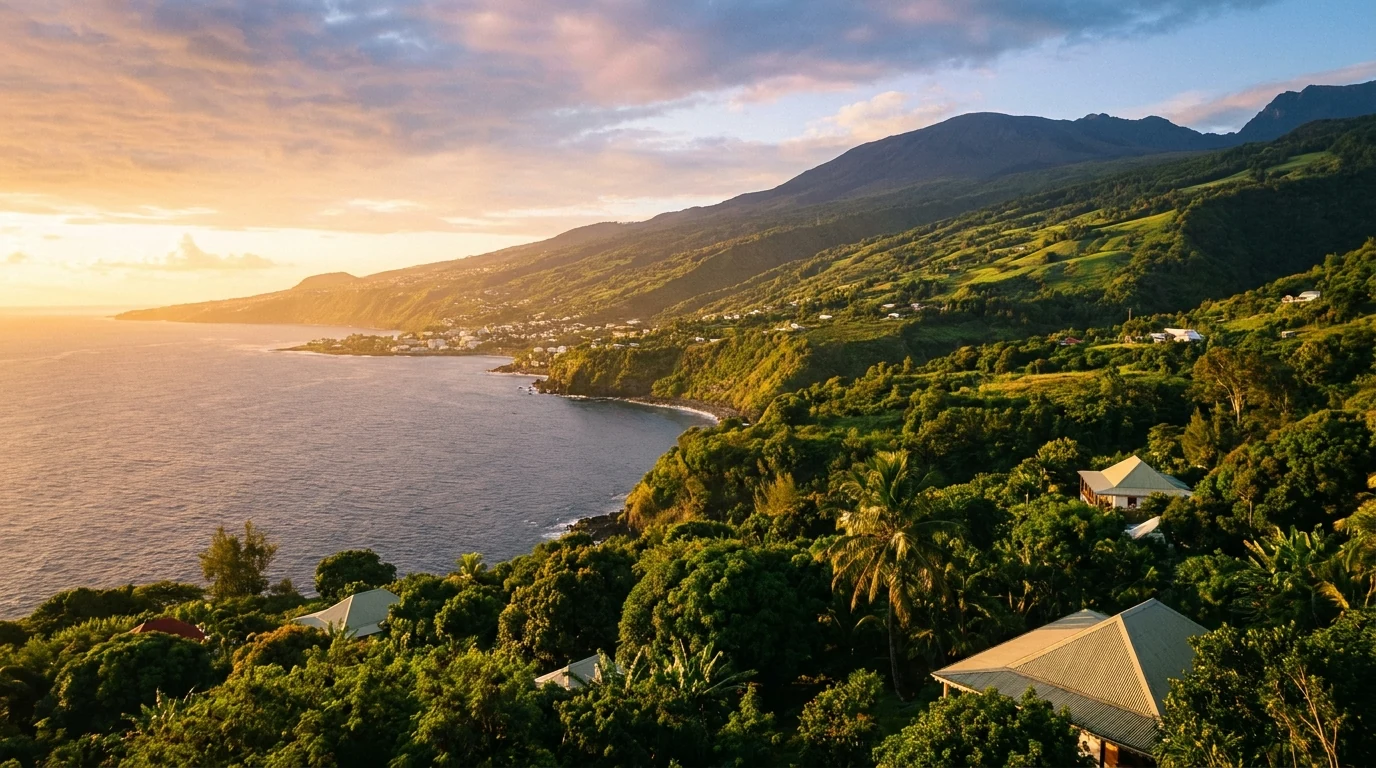 Vue panoramique du sud de La Réunion au lever du soleil, littoral de Saint-Pierre et Hauts du Tampon vers le volcan — illustration de l'analyse des marchés immo