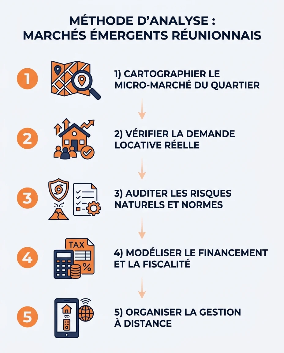 Infographie illustrant : Visuel pédagogique en cinq étapes présentant la méthode d'analyse d'un marché émergent réunionnais : 1) Cartographier le. Article Mouve