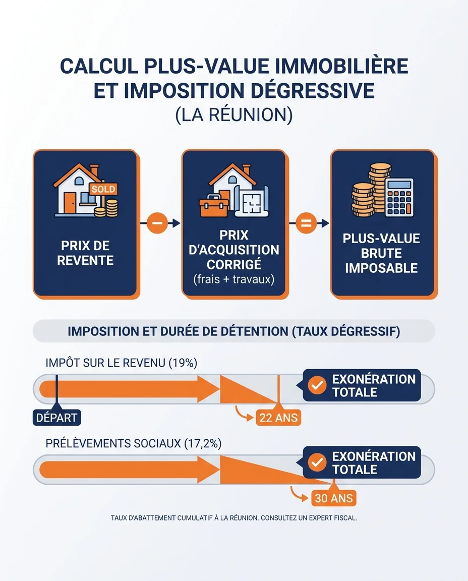 Infographie illustrant : Schéma pédagogique en trois blocs illustrant le calcul de la plus-value immobilière à La Réunion : bloc 1 « Prix de reve. Article Mouve