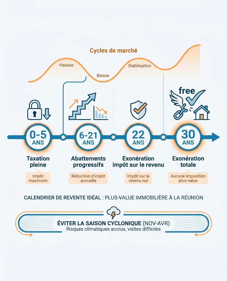 Infographie illustrant : Frise chronologique horizontale du calendrier de revente idéal à La Réunion, avec cinq jalons : 0-5 ans taxation pleine,. Article Mouve