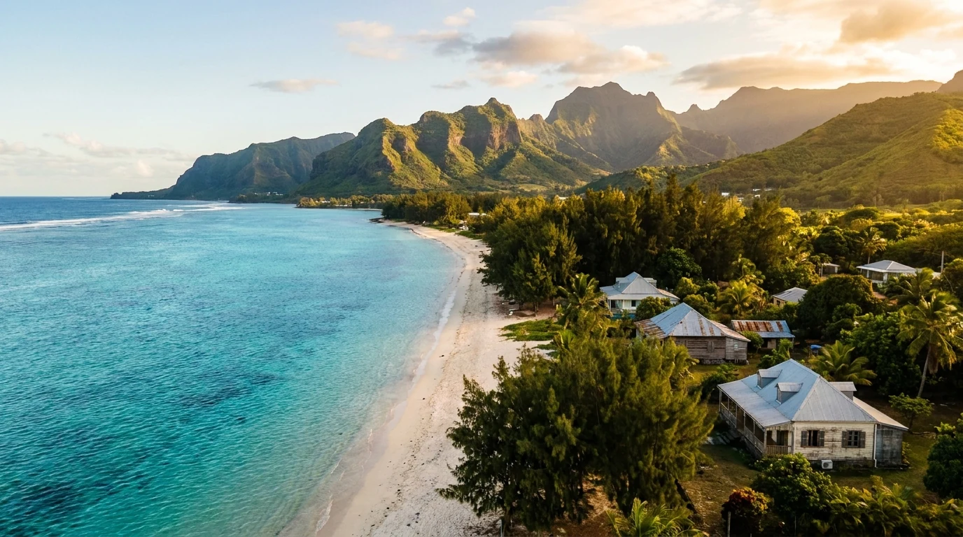 Vue panoramique de la côte ouest de La Réunion et de son lagon au coucher du soleil — illustration de la carte des prix immobiliers par commune en 2026.