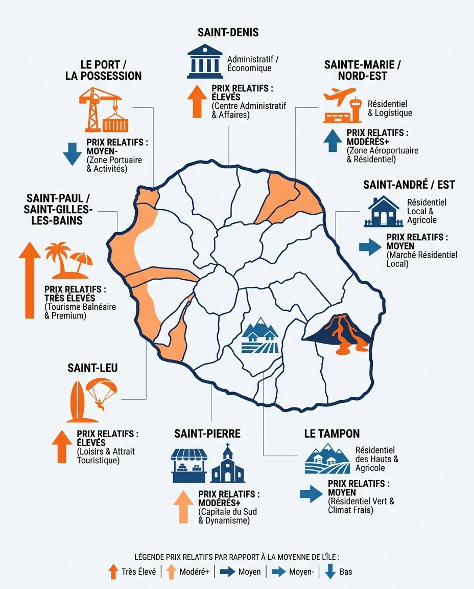 Infographie illustrant : Carte schématique stylisée de l'île de La Réunion avec sept à huit secteurs clés positionnés (Saint-Denis au nord, Saint. Article Mouve