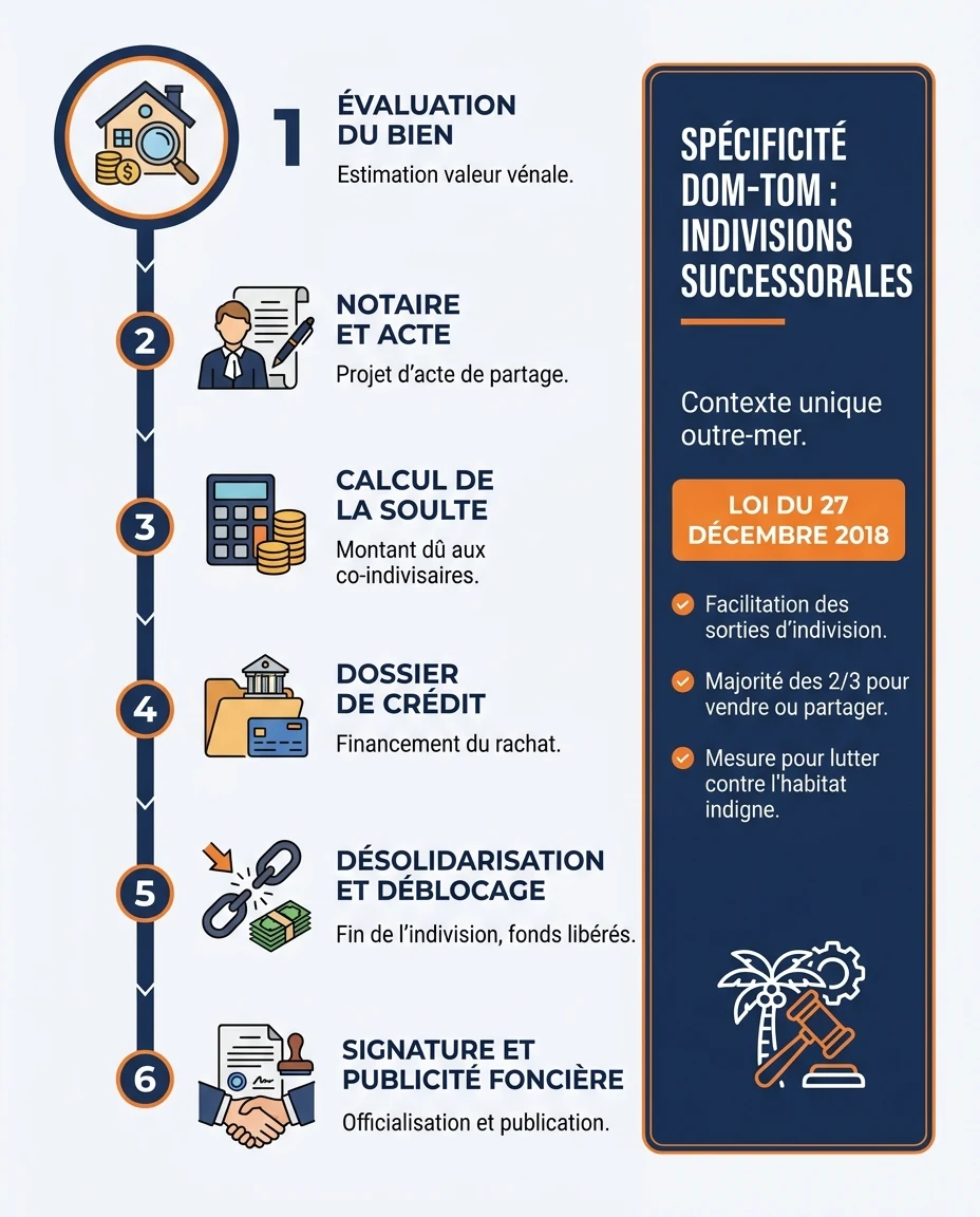 Infographie illustrant : Frise chronologique verticale du parcours d'un rachat de soulte en DOM-TOM en 6 étapes (évaluation, notaire, calcul, dos. Article Mouve