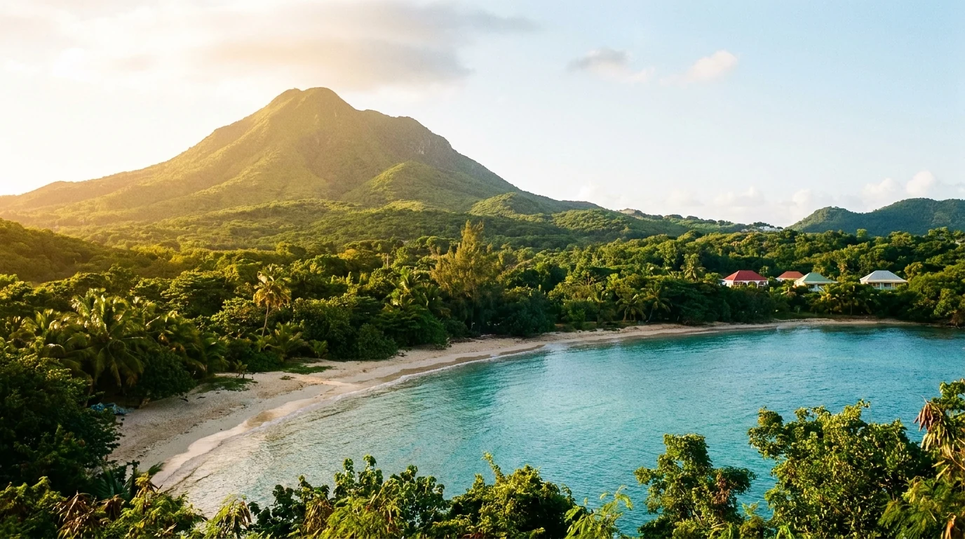 Panorama tropical d'un territoire DOM-TOM au lever du soleil, relief volcanique et lagon turquoise — illustration du choix d'un territoire d'investissement selo