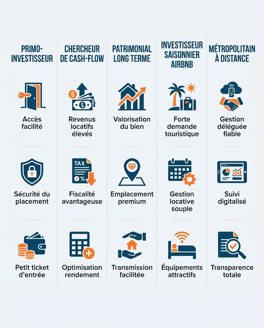 Infographie illustrant : Schéma en cinq colonnes représentant cinq profils d'investisseur (primo-investisseur, chercheur de cash-flow, patrimonia. Article Mouve