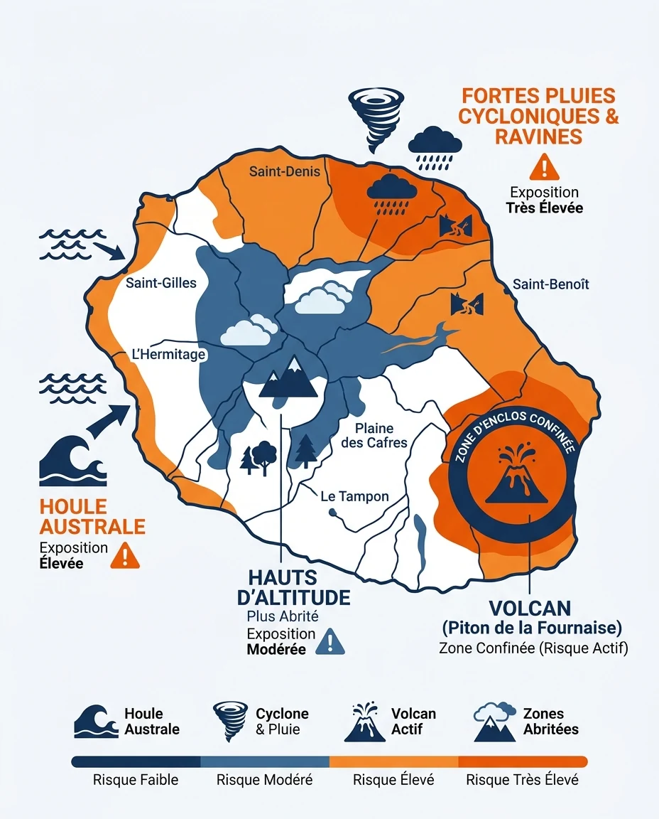 Infographie illustrant : Carte schématique de l'île de La Réunion illustrant l'exposition différenciée aux aléas naturels : littoral ouest (Saint. Article Mouve