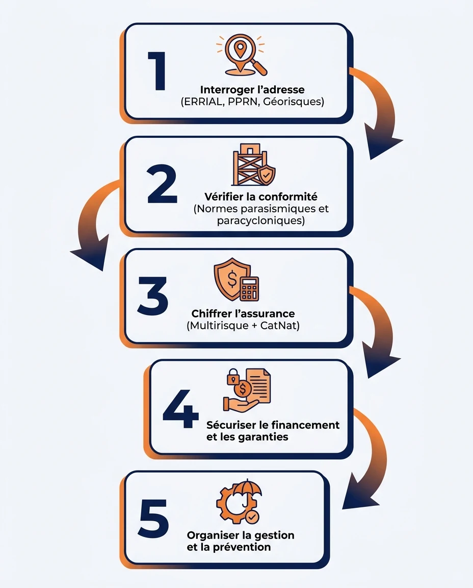Infographie illustrant : Schéma de processus en cinq étapes pour intégrer le risque climatique dans un projet d'investissement DOM-TOM : 1) Inter. Article Mouve