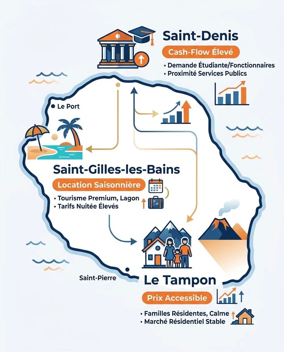 Infographie illustrant : Carte schématique stylisée de l'île de La Réunion avec trois villes clés mises en avant : Saint-Denis au nord (pictogram. Article Mouve